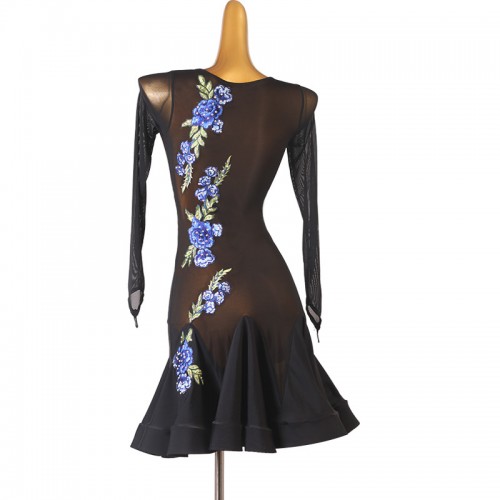 Women girls black with blue rose flowers latin dance dresses rumba salsa stage performance dance costumes for female